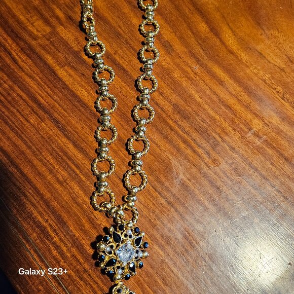 HOLIDAY RUNWAY STATEMENT JOSE & MARIA BARRERA BLACK CRYSTAL GOLD NECKLACE STRAND - Picture 5 of 8